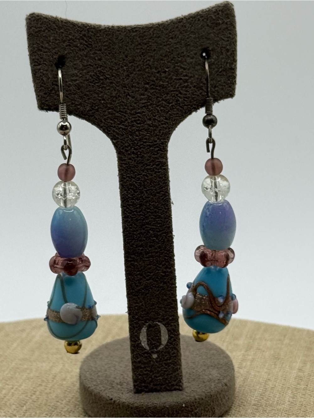 Handmade Blue Glass wedding cake Bead Dangle Earrings